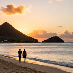 Caribbean Holidays, February Beach Holidays, A couple walking along a quiet Caribbean beach on Saint Kitts at sunset, with volcanic hills and Nevis visible across the water