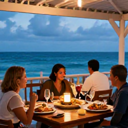Caribbean Holidays, February Beach Holidays, A relaxed beachfront restaurant in Saint Kitts serving fresh Caribbean seafood, with diners watching the sea in the evening