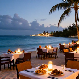 Caribbean Holidays, February Beach Holidays, A relaxed Caribbean evening at a beachfront restaurant in Saint Kitts, with local food, lanterns and the sea beyond