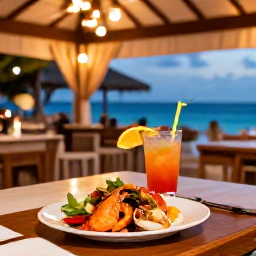 Caribbean Holidays, February Beach Holidays, A relaxed outdoor restaurant in Turks and Caicos with fresh seafood, tropical drinks and a warm evening atmosphere
