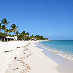 Caribbean Holidays, February Beach Holidays, A wide sandy beach on Saint Kitts with calm turquoise water, palm trees and a clear blue February sky