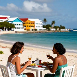 Caribbean Holidays, February Beach Holidays, Couple enjoying a relaxed beach lunch at a waterside restaurant in Grand Case, Saint Martin, with colourful Caribbean buildings and blue sea