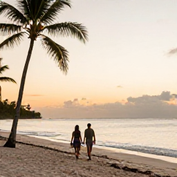 Caribbean Holidays, February Beach Holidays, Couple walking along a peaceful Dominican Republic beach at sunset in February, calm sea, soft golden light and palm trees
