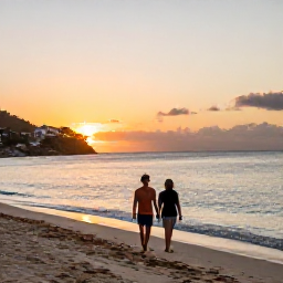Caribbean Holidays, February Beach Holidays, Couple walking along a quiet Caribbean beach at sunset on Saint Martin and Sint Maarten, warm evening light and calm sea