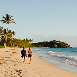 Caribbean Holidays, February Beach Holidays, Couple walking along a quiet Saint Barth&eacute;lemy beach in warm February sunshine, with gentle waves and palm trees