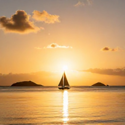 Caribbean Holidays, February Beach Holidays, Holidaymakers sailing on calm Caribbean water near Saint Martin at sunset, with small islands in the distance and warm golden light