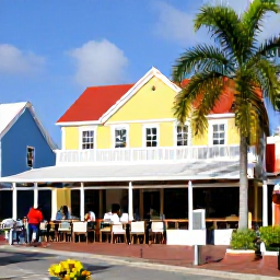 Caribbean Holidays, February Beach Holidays, Outdoor caf&eacute; in Philipsburg with colourful buildings, palm trees and visitors enjoying a sunny February afternoon