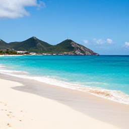 Caribbean Holidays, February Beach Holidays, Panoramic view of a beautiful Caribbean beach in Saint Martin and Sint Maarten, with turquoise sea, green hills and bright February sunshine