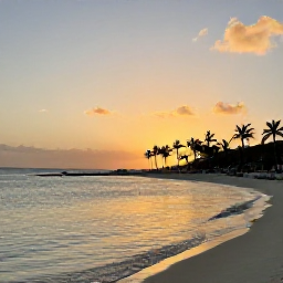 Caribbean Holidays, February Beach Holidays, Peaceful Caribbean beach on Saint Martin at sunset, with gently rippling water, palm trees and a relaxed island atmosphere