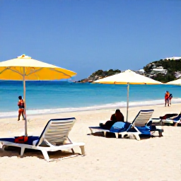 Caribbean Holidays, February Beach Holidays, Relaxed beach scene at Orient Bay in Saint Martin, sun loungers, clear blue water and visitors enjoying February sunshine