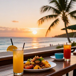 Caribbean Holidays, February Beach Holidays, Relaxed Caribbean beach bar at sunset with local food, colourful drinks, palm trees and the sea in the background