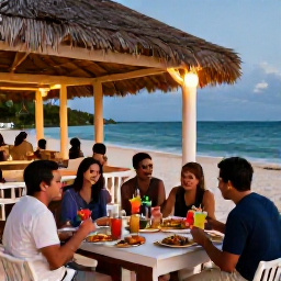 Caribbean Holidays, February Beach Holidays, Relaxed outdoor restaurant beside a Dominican Republic beach, travellers enjoying fresh seafood and tropical drinks during a warm February evening