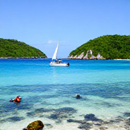 Caribbean Holidays, February Beach Holidays, Small sailing boat passing between green Caribbean islands in clear blue water, with snorkellers near a coral reef