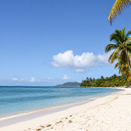 Caribbean Holidays, February Beach Holidays, Sunny Caribbean beach with calm turquoise water, white sand and palm trees on Saint Vincent and the Grenadines