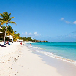 Caribbean Holidays, February Beach Holidays, Sunny white-sand beach on Saint Martin with calm turquoise water, palm trees and a few relaxed holidaymakers in February
