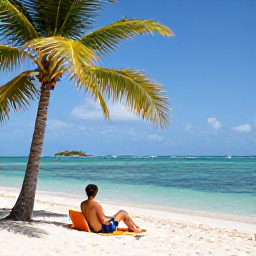 Caribbean Holidays, February Beach Holidays, Traveller relaxing on a quiet sandy beach beside clear Caribbean water, with a shaded palm tree and small islands on the horizon