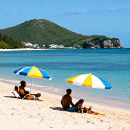 Caribbean Holidays, February Beach Holidays, Visitors relaxing on golden sand at Frigate Bay, Saint Kitts, with umbrellas, calm blue sea and green hills in the background