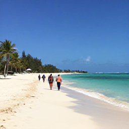 Caribbean Holidays, February Beach Holidays, Visitors walking along Grace Bay Beach with calm turquoise water, soft sand and palm trees under a clear blue sky