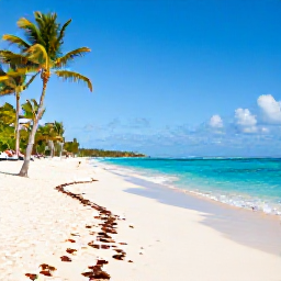 Caribbean Holidays, February Beach Holidays, Wide golden beach in Punta Cana, Dominican Republic, bright February sunshine, turquoise Caribbean water and gently swaying palm trees