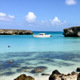 Caribbean Holidays, February Beaches, A small boat travelling across turquoise water near the Turks and Caicos Islands, with rocky cays, bright sky and snorkellers exploring a reef