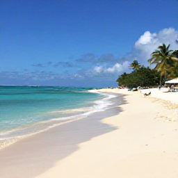 Caribbean Holidays, February Beaches, A sunlit Caribbean beach in February with turquoise water, soft white sand, palm trees and a few relaxed holidaymakers