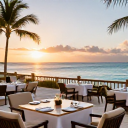 Caribbean Holidays, February Beaches, An elegant Caribbean resort terrace at sunset overlooking a calm blue sea, with outdoor dining and comfortable seating