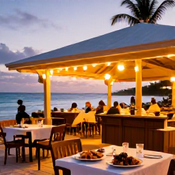 Caribbean Holidays, February Beaches, An outdoor beachfront restaurant in Providenciales at sunset, tables with fresh seafood, warm lights and a relaxed Caribbean atmosphere