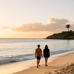 Caribbean Holidays, February Beaches, Couple walking along a peaceful Caribbean beach at sunset on St John, with soft golden light and calm water