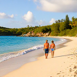 Caribbean Holidays, February Beaches, Couple walking along a quiet British Virgin Islands beach in February, warm sunlight, turquoise sea and tropical landscape