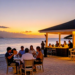 Caribbean Holidays, February Beaches, Outdoor Caribbean restaurant at sunset in the British Virgin Islands, fresh seafood, island music and diners enjoying a relaxed evening