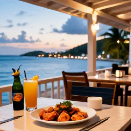 Caribbean Holidays, February Beaches, Outdoor Caribbean restaurant terrace with fresh seafood, tropical drinks and a relaxed evening atmosphere in the United States Virgin Islands