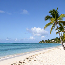 Caribbean Holidays, February Beaches, Sunlit white-sand beach on St Thomas in the United States Virgin Islands, calm turquoise sea and a few palm trees