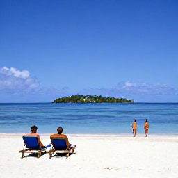Caribbean Holidays, February Beaches, Travellers relaxing on a beautiful Caribbean beach in the Grenadines, with calm clear sea, sun loungers and a small island in the distance