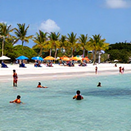 Caribbean Holidays, February Beaches, Visitors swimming and relaxing in clear shallow water at Grace Bay Beach, Providenciales, with palm trees and colourful umbrellas