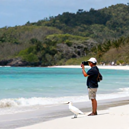 Caribbean Holidays, February Birdwatching, A birdwatcher photographing a white-tailed tropicbird on a quiet beach in Tobago, with forested hills in the background