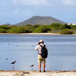 Caribbean Holidays, February Birdwatching, A birdwatcher scanning calm salt ponds on Saint Martin, with wading birds, mangroves and distant Caribbean hills