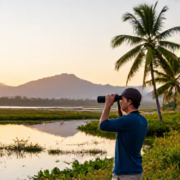 Caribbean Holidays, February Birdwatching, A birdwatcher with binoculars beside a quiet wetland in the Dominican Republic at sunrise, palms and distant mountains
