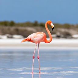 Caribbean Holidays, February Birdwatching, A colourful Caribbean flamingo standing in a shallow salt pond on Grand Turk, with low hills and blue sky behind