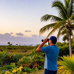 Caribbean Holidays, February Birdwatching, A colourful Caribbean morning at a quiet wetland on Saint Martin, with a birdwatcher using binoculars among tropical vegetation