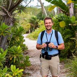 Caribbean Holidays, February Birdwatching, A friendly birdwatching guide leading visitors along a Bermuda nature trail, with binoculars, comfortable walking clothes and lush island scenery