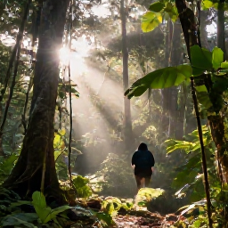Caribbean Holidays, February Birdwatching, A guide leading birdwatchers through tropical rainforest in Saint Vincent, surrounded by tall trees, vines and filtered morning sunlight