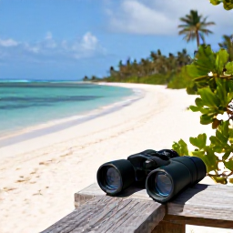 Caribbean Holidays, February Birdwatching, A peaceful Caribbean beach and mangrove lagoon in the Dominican Republic, with binoculars resting on a wooden viewpoint