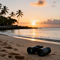 Caribbean Holidays, February Birdwatching, A peaceful sunset over a Saint Barth&eacute;lemy beach, with palm silhouettes, calm Caribbean water and a pair of binoculars resting nearby