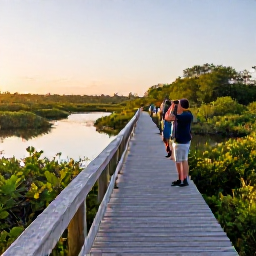 Caribbean Holidays, February Birdwatching, A quiet Bermuda wetland at sunrise in February, with birdwatchers carrying binoculars along a boardwalk and native greenery around the water