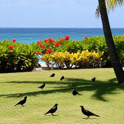 Caribbean Holidays, February Birdwatching, A quiet Caribbean garden near the coast with small tropical birds feeding among flowering plants and a distant view of blue sea