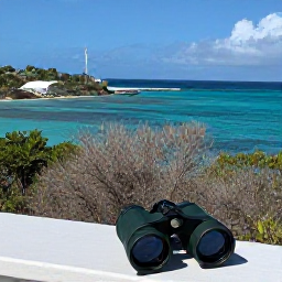 Caribbean Holidays, February Birdwatching, A quiet coastal viewpoint on Saint Barth&eacute;lemy in February, with turquoise water, dry scrub and a pair of binoculars in the foreground