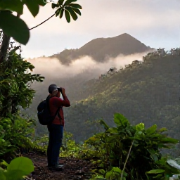 Caribbean Holidays, February Birdwatching, A quiet dawn view across Montserrat's forested hills with a birdwatcher holding binoculars on a leafy trail