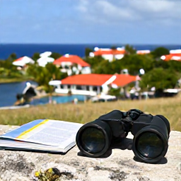 Caribbean Holidays, February Birdwatching, A relaxed birdwatching holiday scene in Sint Maarten, with binoculars, a field guide and a colourful Caribbean landscape