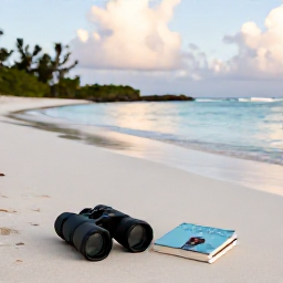 Caribbean Holidays, February Birdwatching, A relaxed February afternoon on a Turks and Caicos beach near a calm lagoon, with binoculars resting beside a travel guide
