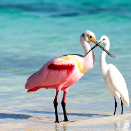 Caribbean Holidays, February Birdwatching, A roseate spoonbill and white heron beside shallow turquoise water in a Turks and Caicos wetland, bright February sunshine